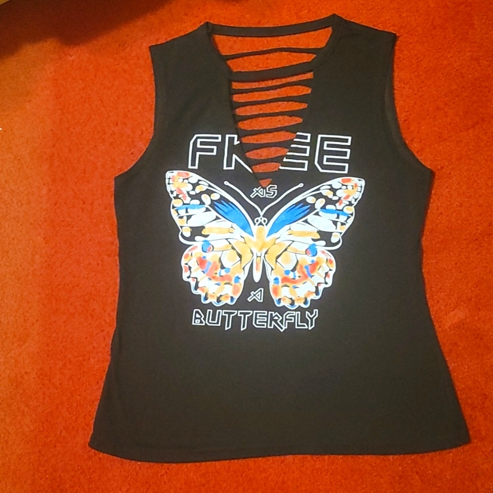 Butterfly V neck T-shirt with cut outs. Size S-M